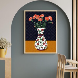 Carnation Wall Art, Hand Drawn Ottoman Vase Print, Turkish Floral Folk Art, Botanical Illustration image 8