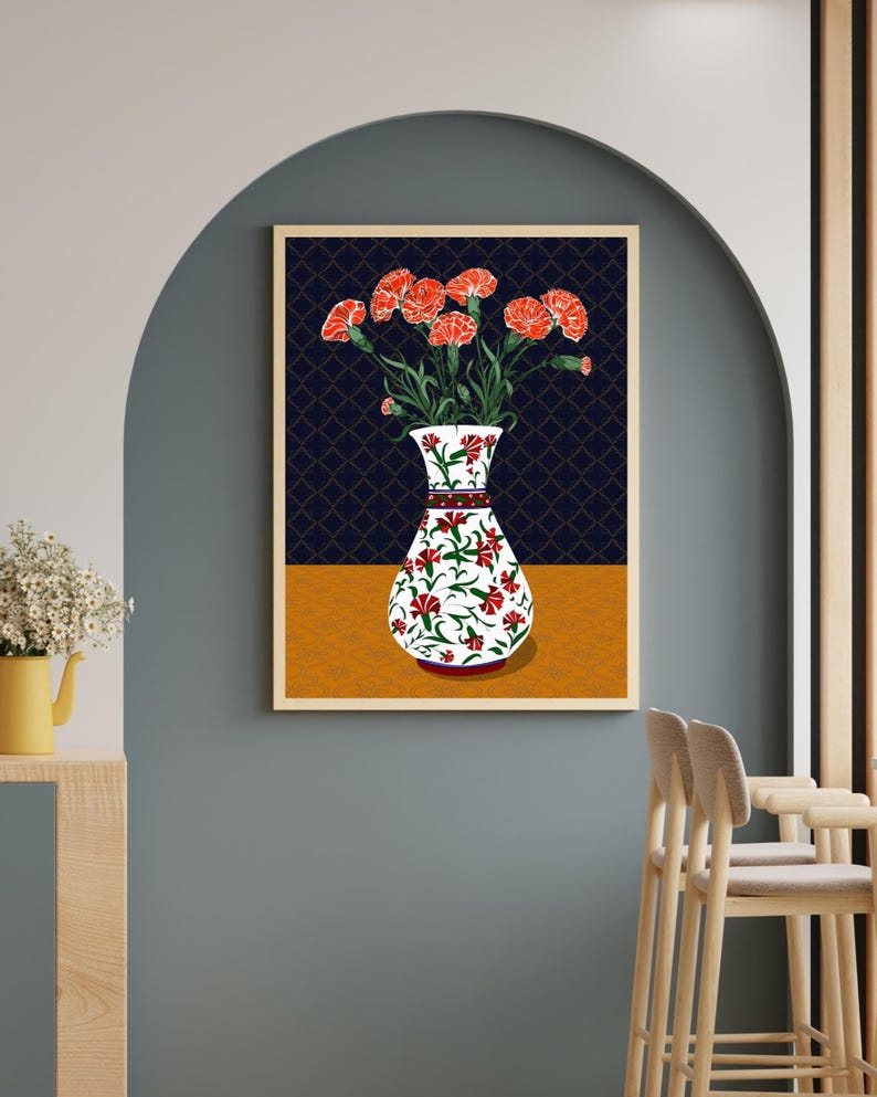 Carnation Wall Art, Hand Drawn Ottoman Vase Print, Turkish Floral Folk Art, Botanical Illustration image 8