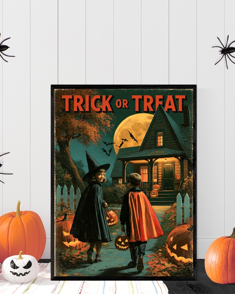 Vintage Halloween Poster, Trick or Treat Printable, Retro Jack O Lantern Wall Art, Halloween Decor bild 6