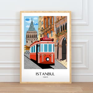 Istanbul Wall Art, Hand Drawn Red Tram and Galata Tower Print, Turkey Travel Poster, Printable City Art 画像 1
