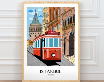 Istanbul Wall Art, Hand Drawn Red Tram and Galata Tower Print, Turkey Travel Poster, Printable City Art