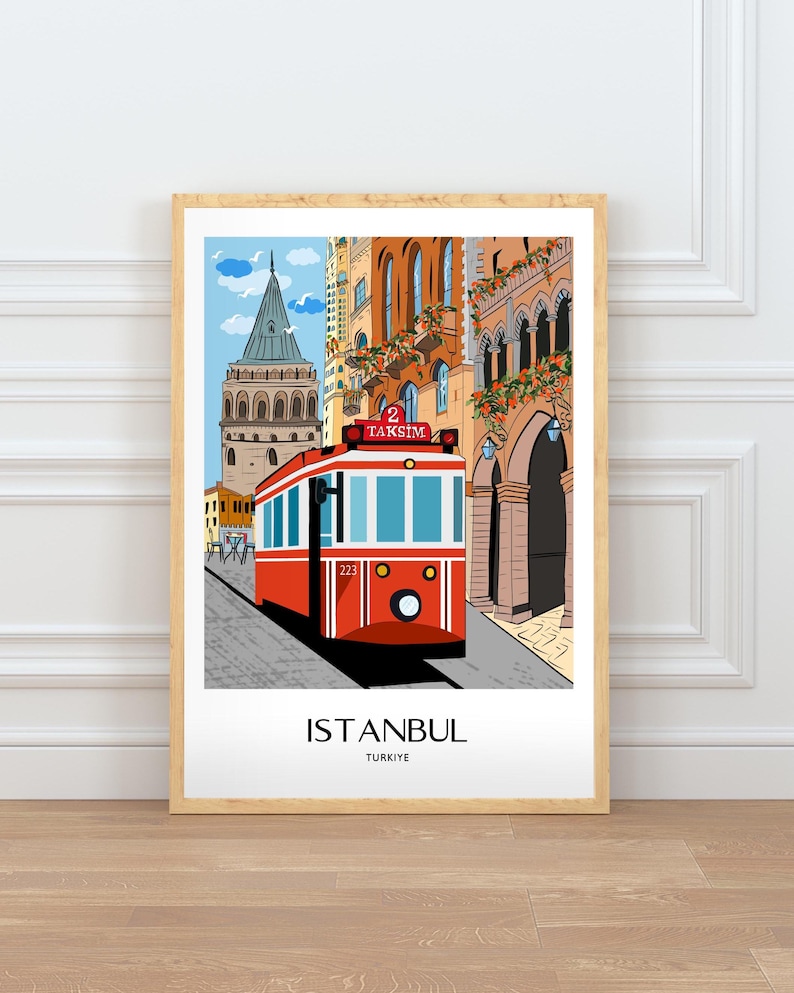 Istanbul Wall Art, Hand Drawn Red Tram and Galata Tower Print, Turkey Travel Poster, Printable City Art 画像 1