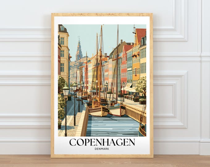 Copenhagen Denmark Travel Poster, Iconic City Wall Art, European Architecture Illustration, Home Decor Digital Download