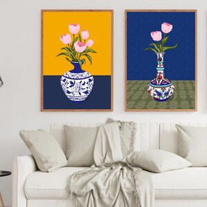 Tulip Vase Wall Art Set of 2, Hand Drawn Turkish Floral Prints, Ottoman Folk Art, Gallery Wall Set image 5