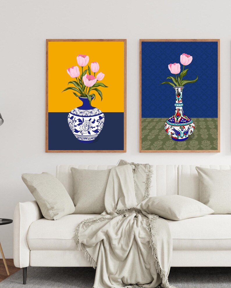 Tulip Vase Wall Art Set of 2, Hand Drawn Turkish Floral Prints, Ottoman Folk Art, Gallery Wall Set image 5