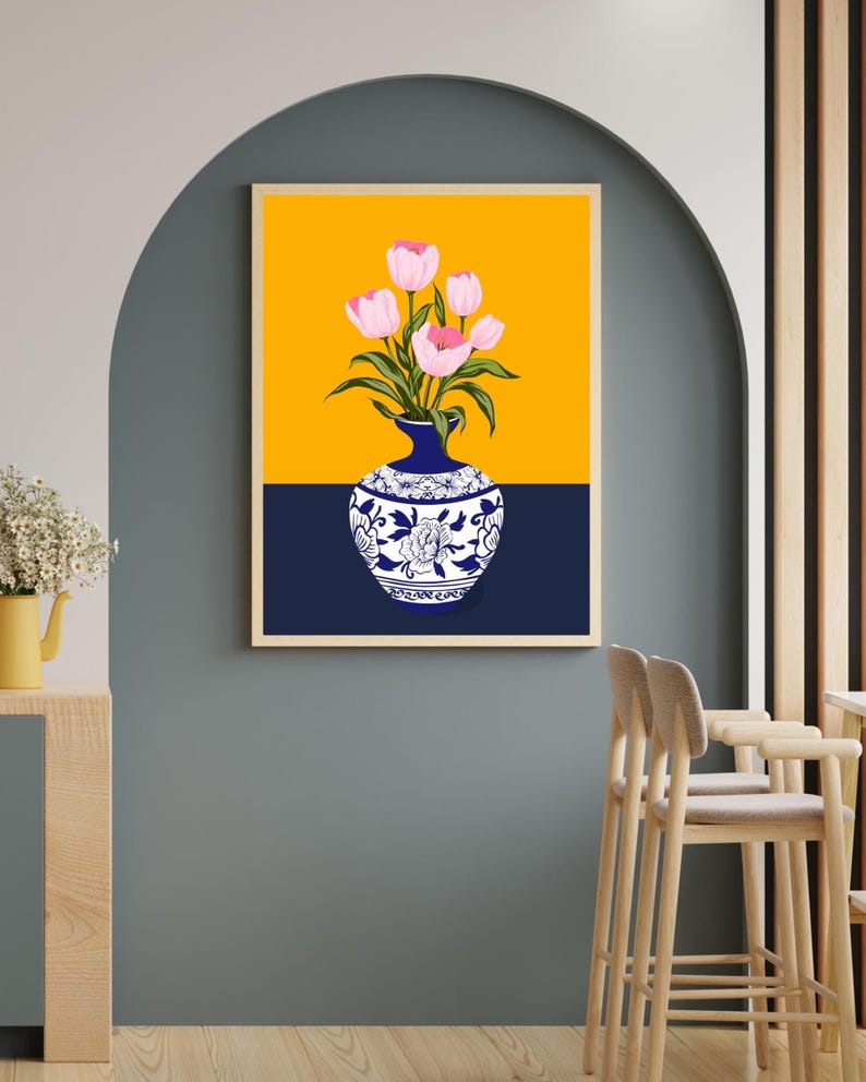 Tulip Vase Wall Art Set of 2, Hand Drawn Turkish Floral Prints, Ottoman Folk Art, Gallery Wall Set image 9