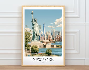 New York Travel Poster, Statue of Liberty Wall Art, NYC Printable, Manhattan Skyline Illustration, City Decor Digital Download