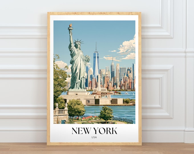 New York Travel Poster, Statue of Liberty Wall Art, NYC Printable, Manhattan Skyline Illustration, City Decor Digital Download