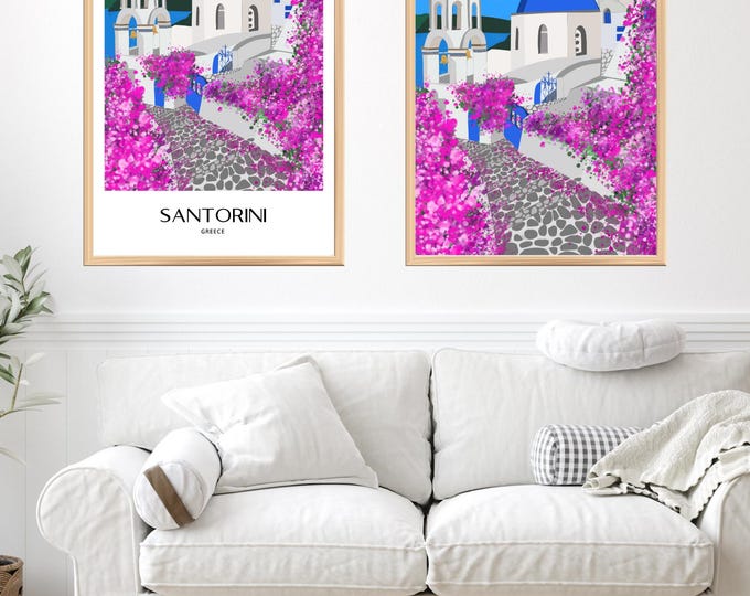 Santorini Oia Art Print, Blue Domes, Greek Island Travel Poster (Digital Download)