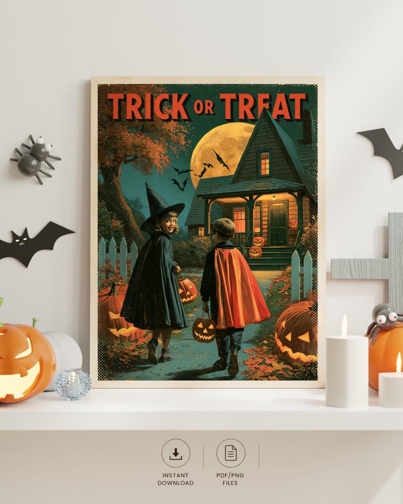 Vintage Halloween Poster, Trick or Treat Printable, Retro Jack O Lantern Wall Art, Halloween Decor bild 2
