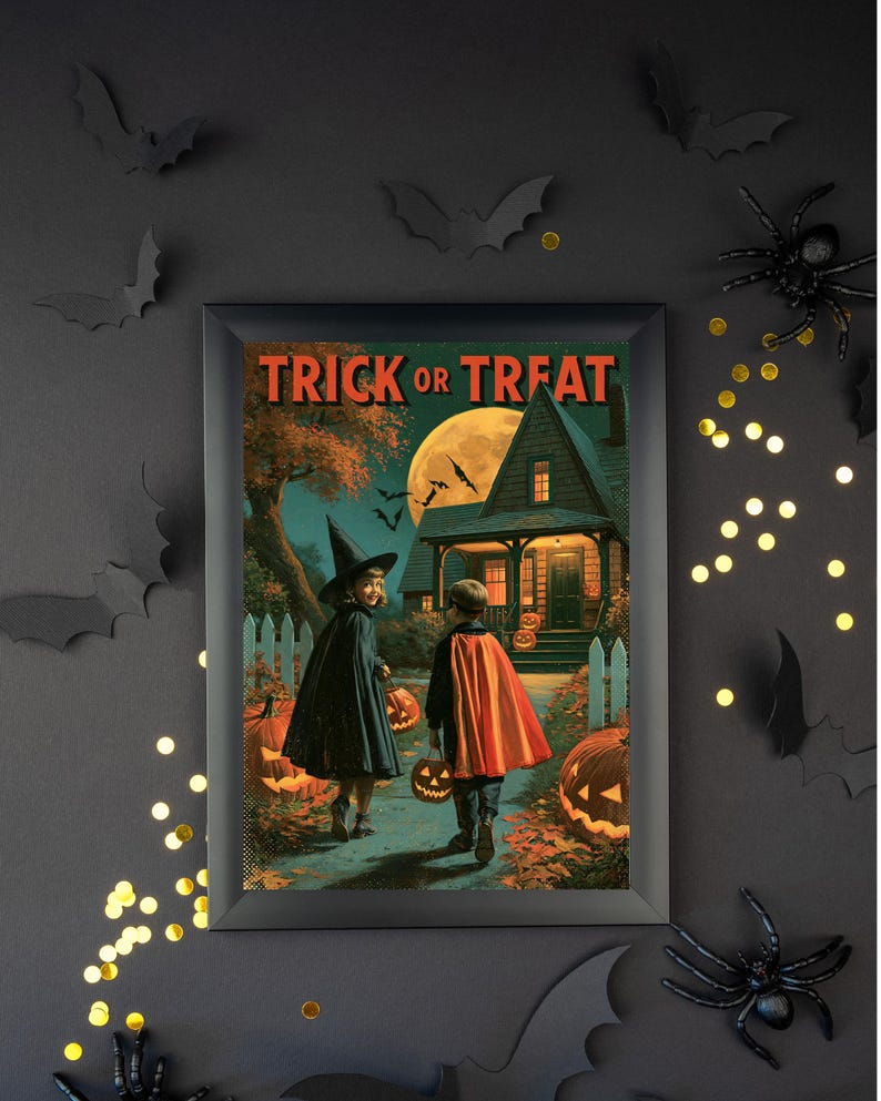 Vintage Halloween Poster, Trick or Treat Printable, Retro Jack O Lantern Wall Art, Halloween Decor bild 9