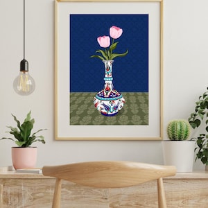 Pink Tulip Wall Art, Hand Drawn Ottoman Vase Print, Turkish Floral Illustration, Maximalist Flower Art image 6