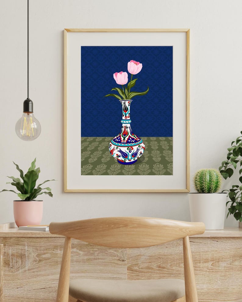 Pink Tulip Wall Art, Hand Drawn Ottoman Vase Print, Turkish Floral Illustration, Maximalist Flower Art image 6