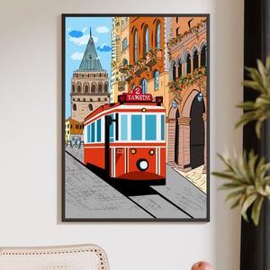 Istanbul Wall Art, Hand Drawn Red Tram and Galata Tower Print, Turkey Travel Poster, Printable City Art 画像 9