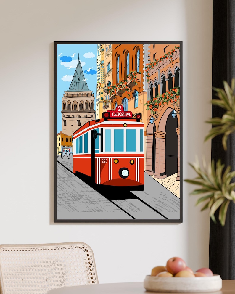 Istanbul Wall Art, Hand Drawn Red Tram and Galata Tower Print, Turkey Travel Poster, Printable City Art 画像 9