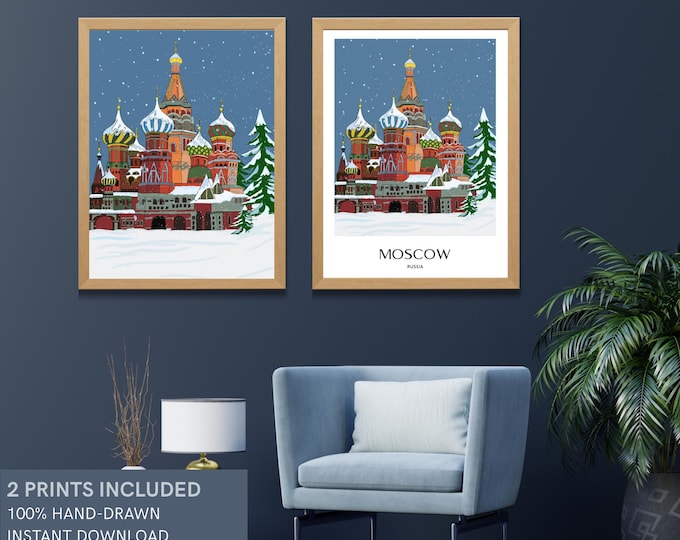 Moscow Winter Illustration , Snowy City Travel Poster, Cozy Wall Art, Digital Download