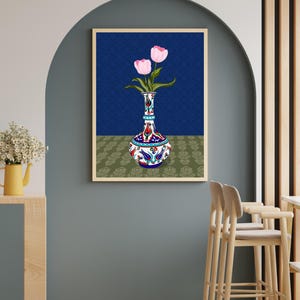 Pink Tulip Wall Art, Hand Drawn Ottoman Vase Print, Turkish Floral Illustration, Maximalist Flower Art image 8
