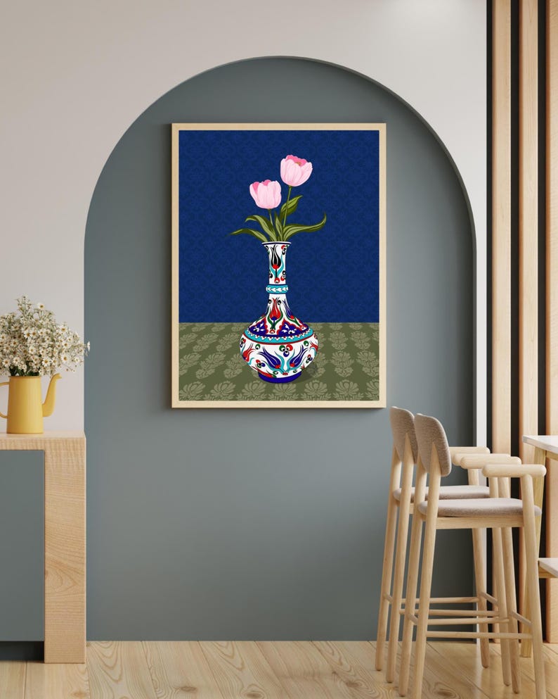 Pink Tulip Wall Art, Hand Drawn Ottoman Vase Print, Turkish Floral Illustration, Maximalist Flower Art image 8