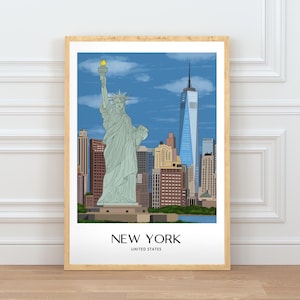 New York Wall Art, Hand Drawn NYC Skyline and Statue of Liberty Print, New York City Travel Poster imagen 1