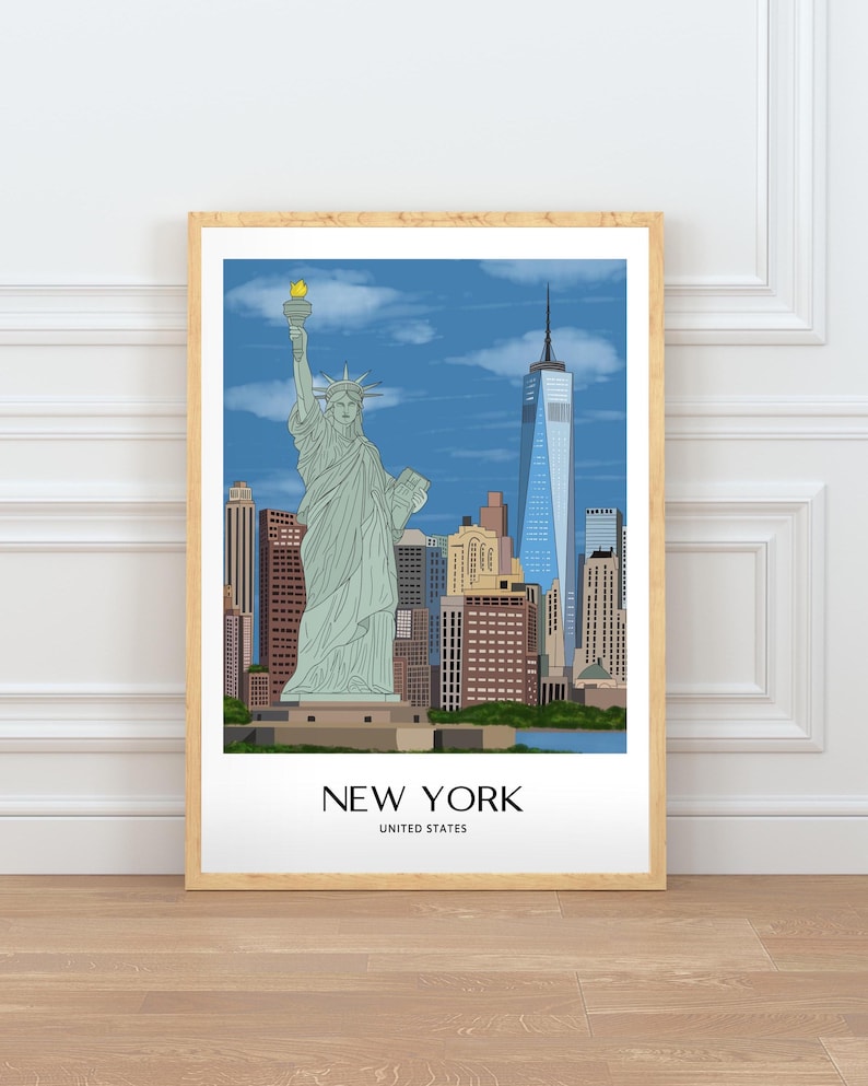 New York Wall Art, Hand Drawn NYC Skyline and Statue of Liberty Print, New York City Travel Poster imagen 1