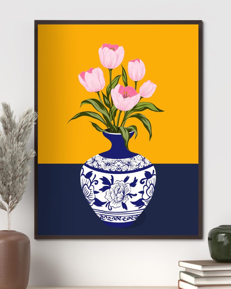 Tulip Vase Wall Art Set of 2, Hand Drawn Turkish Floral Prints, Ottoman Folk Art, Gallery Wall Set image 12