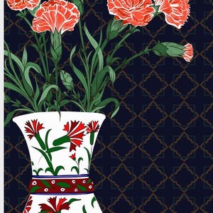 Carnation Wall Art, Hand Drawn Ottoman Vase Print, Turkish Floral Folk Art, Botanical Illustration image 4