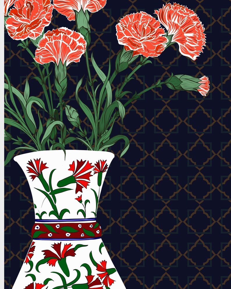 Carnation Wall Art, Hand Drawn Ottoman Vase Print, Turkish Floral Folk Art, Botanical Illustration image 4
