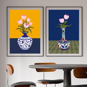 Handgetekende tulpen in een Turkse vaas, Ottomaanse bloemenkunstprint voor aan de muur. afbeelding 5