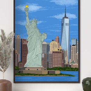 New York Wall Art, Hand Drawn NYC Skyline and Statue of Liberty Print, New York City Travel Poster imagen 11