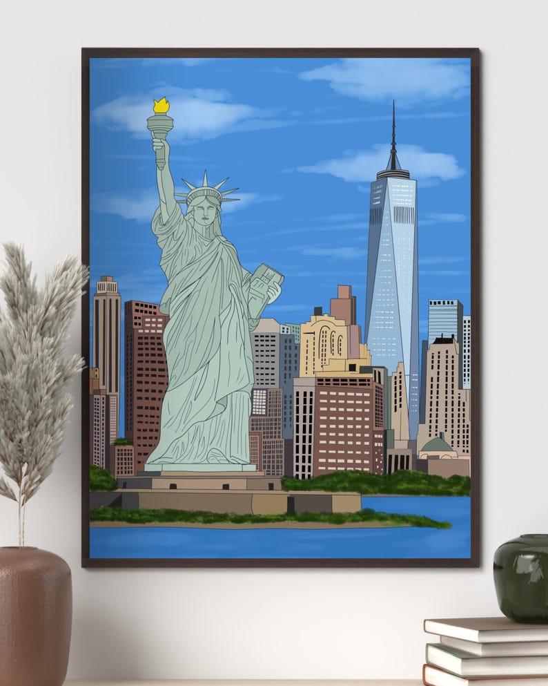 New York Wall Art, Hand Drawn NYC Skyline and Statue of Liberty Print, New York City Travel Poster imagen 11