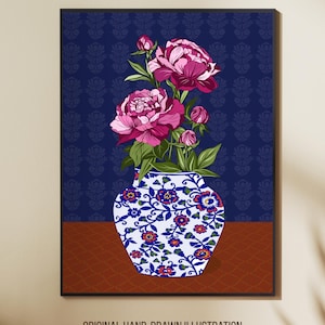 May include: A digital illustration of a blue and white ceramic vase featuring a floral pattern, containing a bouquet of vibrant pink peony flowers with green leaves. The background is a dark blue wall with a repeating pattern and a brown surface.