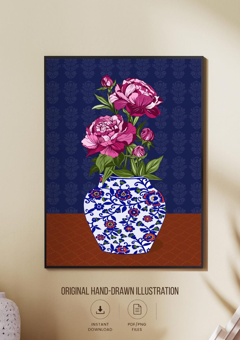 May include: A digital illustration of a blue and white ceramic vase featuring a floral pattern, containing a bouquet of vibrant pink peony flowers with green leaves. The background is a dark blue wall with a repeating pattern and a brown surface.