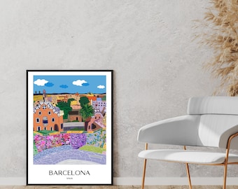 Park Güell Barcelona Printable Wall Art | Spain Travel Poster | Mosaic Illustration Digital Download