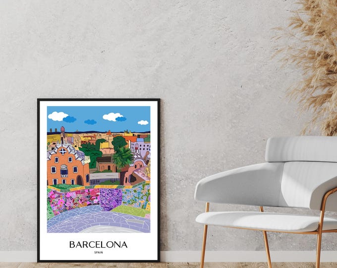 Park Güell Barcelona Printable Wall Art | Spain Travel Poster | Mosaic Illustration Digital Download