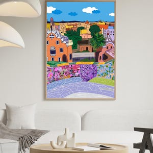 Barcelona Wall Art, Hand Drawn Park Guell Print, Gaudi Architecture, Spain Travel Poster bild 5