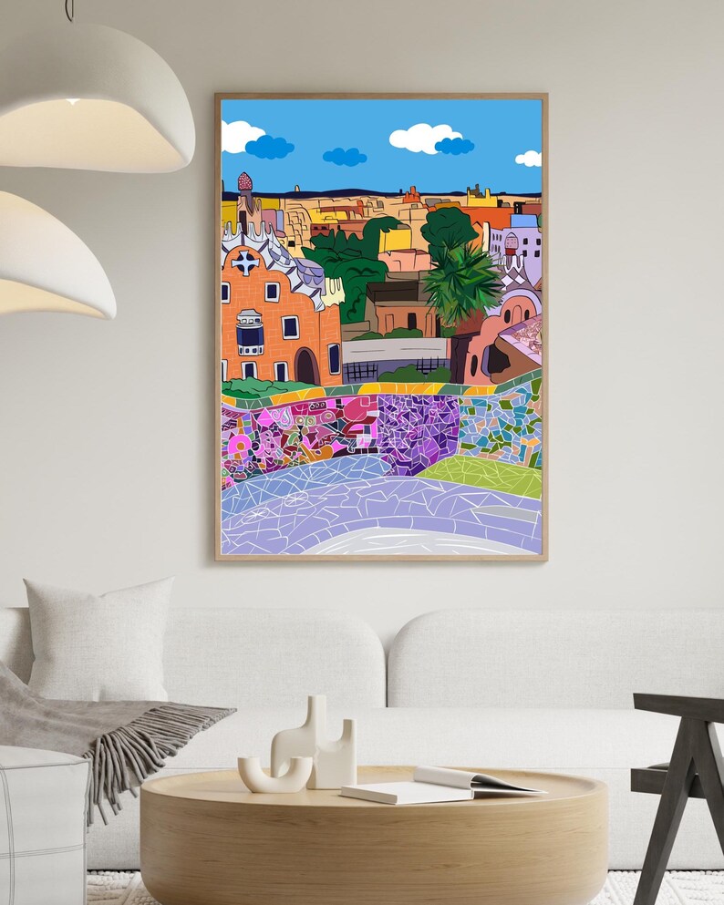 Barcelona Wall Art, Hand Drawn Park Guell Print, Gaudi Architecture, Spain Travel Poster bild 5