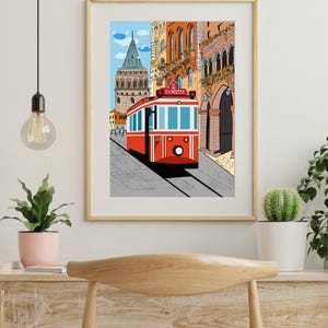 Istanbul Wall Art, Hand Drawn Red Tram and Galata Tower Print, Turkey Travel Poster, Printable City Art 画像 6