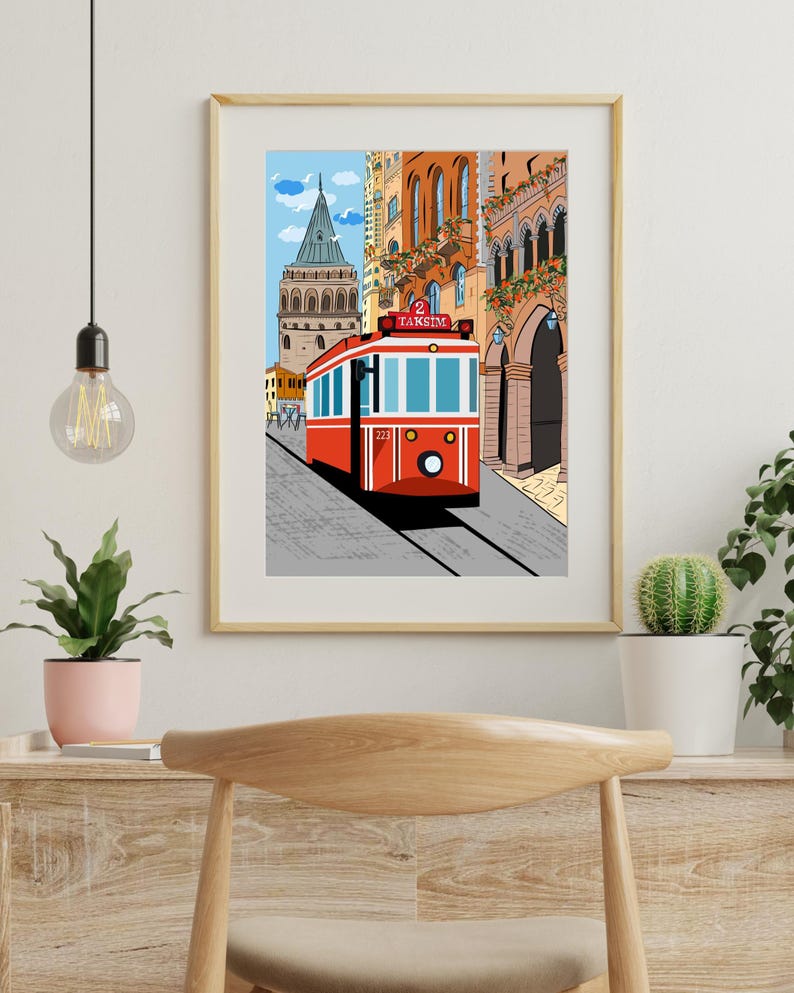 Istanbul Wall Art, Hand Drawn Red Tram and Galata Tower Print, Turkey Travel Poster, Printable City Art 画像 6