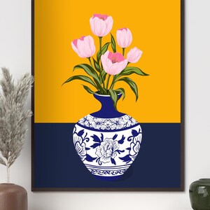 Handgetekende tulpen in een Turkse vaas, Ottomaanse bloemenkunstprint voor aan de muur. afbeelding 4