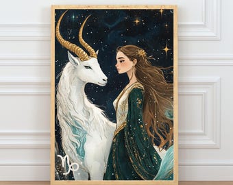 Capricorn Zodiac Wall Art Print, Astrology Poster with Sea Goat, Horoscope Star Sign Artwork