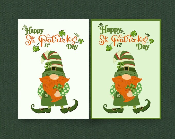 St Patrick's Day Gnome Greeting Card Printable, Irish Desing Postcard, Digital Instant Download
