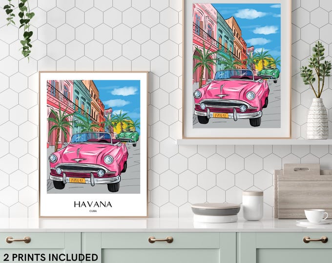 Havana Cuba Travel Poster Printable, Vintage City Wall Art, Hand Drawn Digital Download