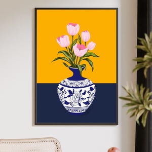 Handgetekende tulpen in een Turkse vaas, Ottomaanse bloemenkunstprint voor aan de muur. afbeelding 10