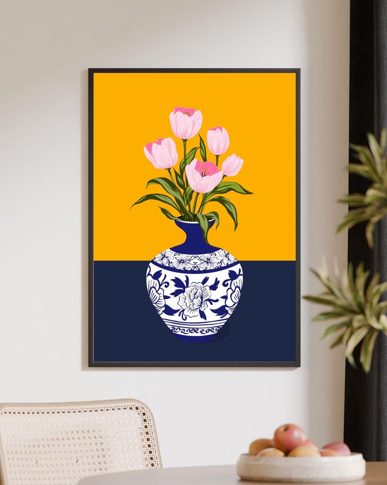 Handgetekende tulpen in een Turkse vaas, Ottomaanse bloemenkunstprint voor aan de muur. afbeelding 10