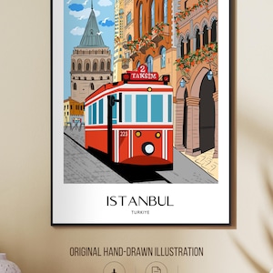 Istanbul Wall Art, Hand Drawn Red Tram and Galata Tower Print, Turkey Travel Poster, Printable City Art 画像 4