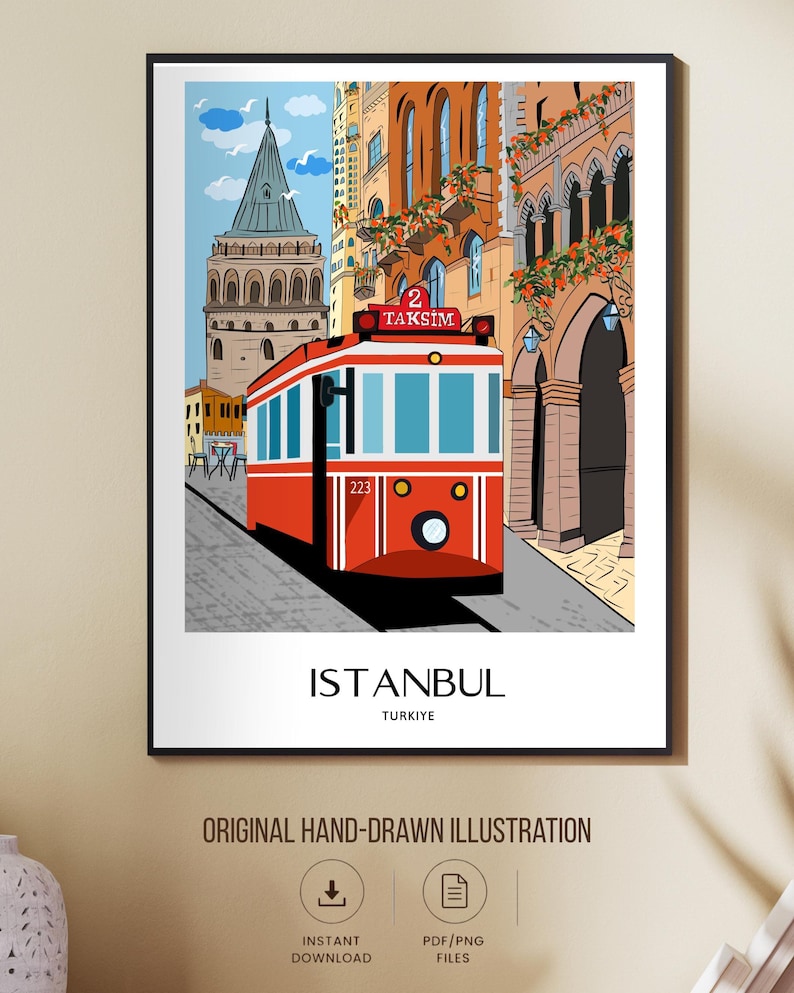 Istanbul Wall Art, Hand Drawn Red Tram and Galata Tower Print, Turkey Travel Poster, Printable City Art 画像 4