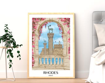 Rhodes Greece Travel Poster, Mandraki Harbour Wall Art, Rhodes Island Illustration (Hand Drawn)