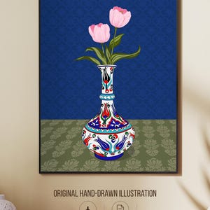 Pink Tulip Wall Art, Hand Drawn Ottoman Vase Print, Turkish Floral Illustration, Maximalist Flower Art image 2