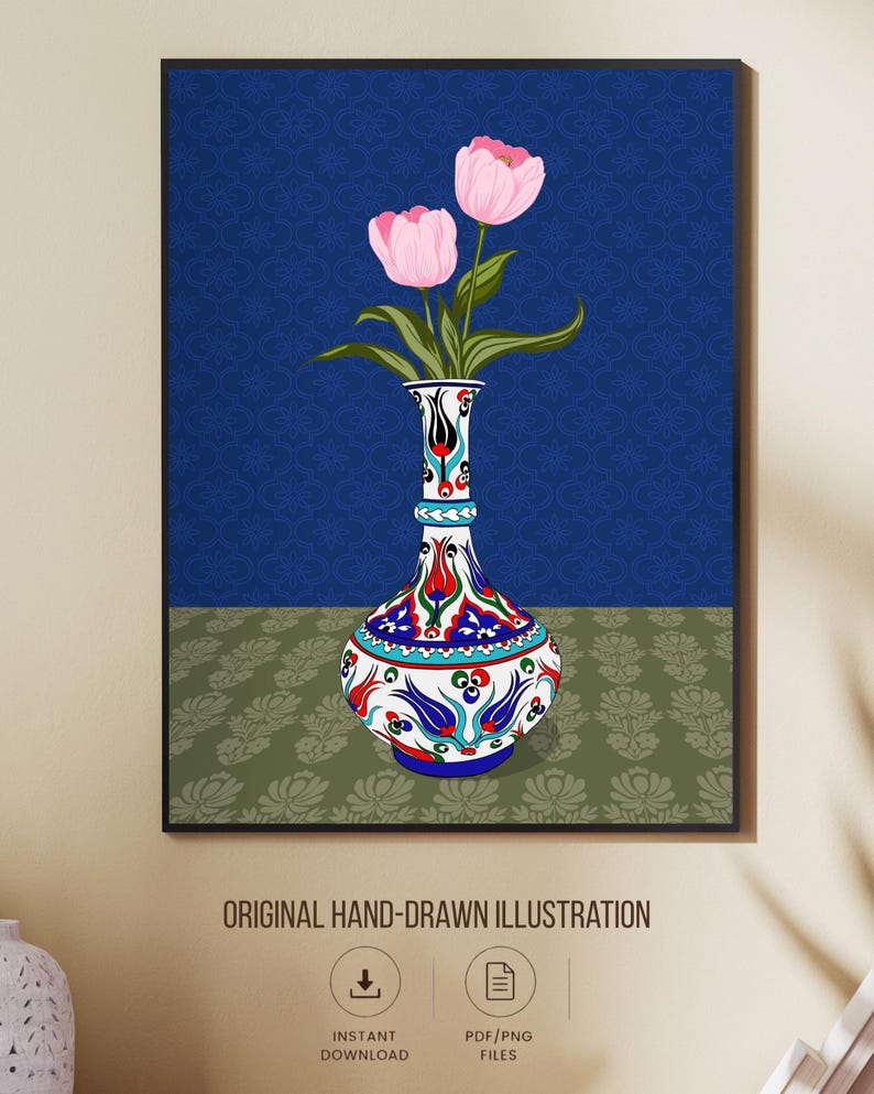 Pink Tulip Wall Art, Hand Drawn Ottoman Vase Print, Turkish Floral Illustration, Maximalist Flower Art image 2