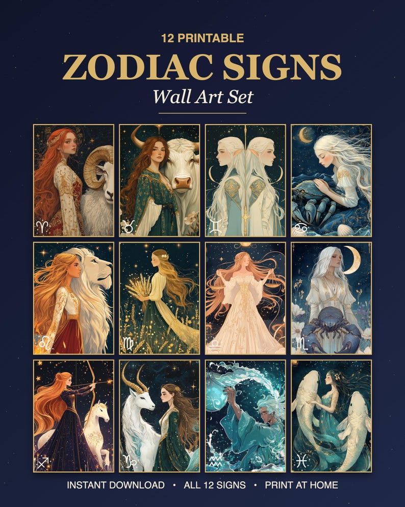 Wandbild-Set mit 12 Sternzeichen, Astrologie-Drucke im Set, Sternzeichen-Poster zum Ausdrucken, Astrologie-Geschenk Bild 1